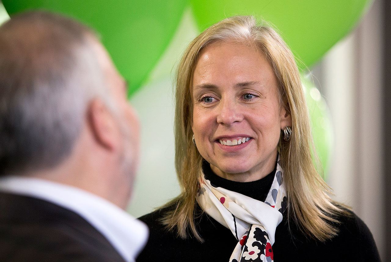 Fortive Senior Vice President Barbara Hulit speaks with Jim Lico, the company’s CEO, at the opening of Fortive Business System University in January in Everett. (Andy Bronson / The Herald)