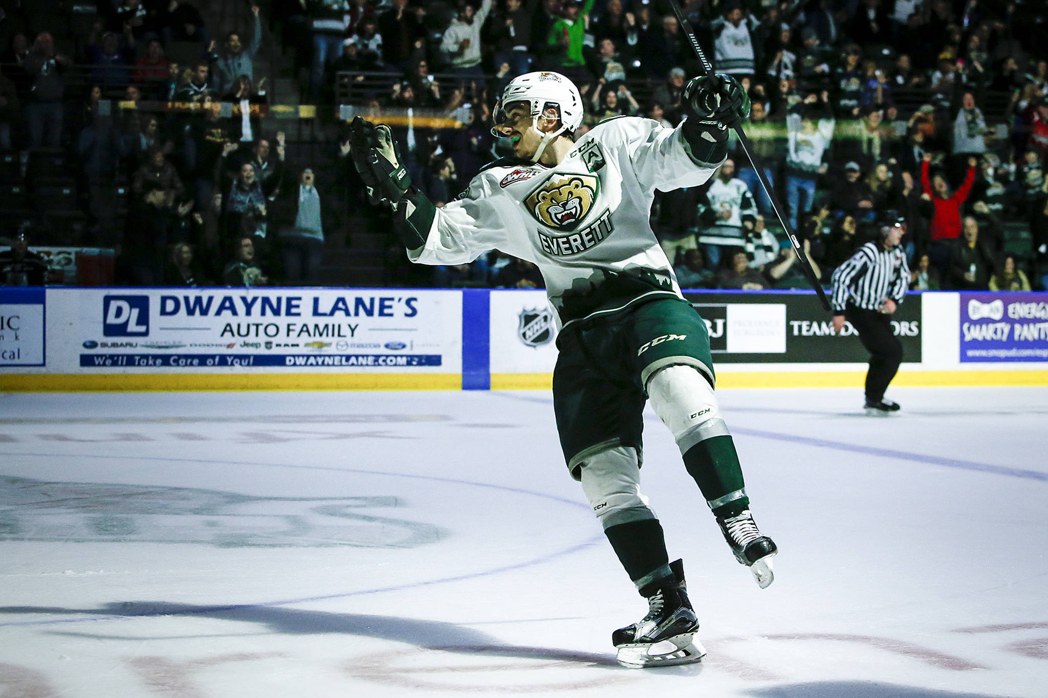 Silvertips defenseman Kevin Davis celebrates his goal in the first period of Game 1 of the team’s opening-round playoff series against the Royals on March 24, 2017, at Xfinity Arena in Everett. (Ian Terry / The Herald)