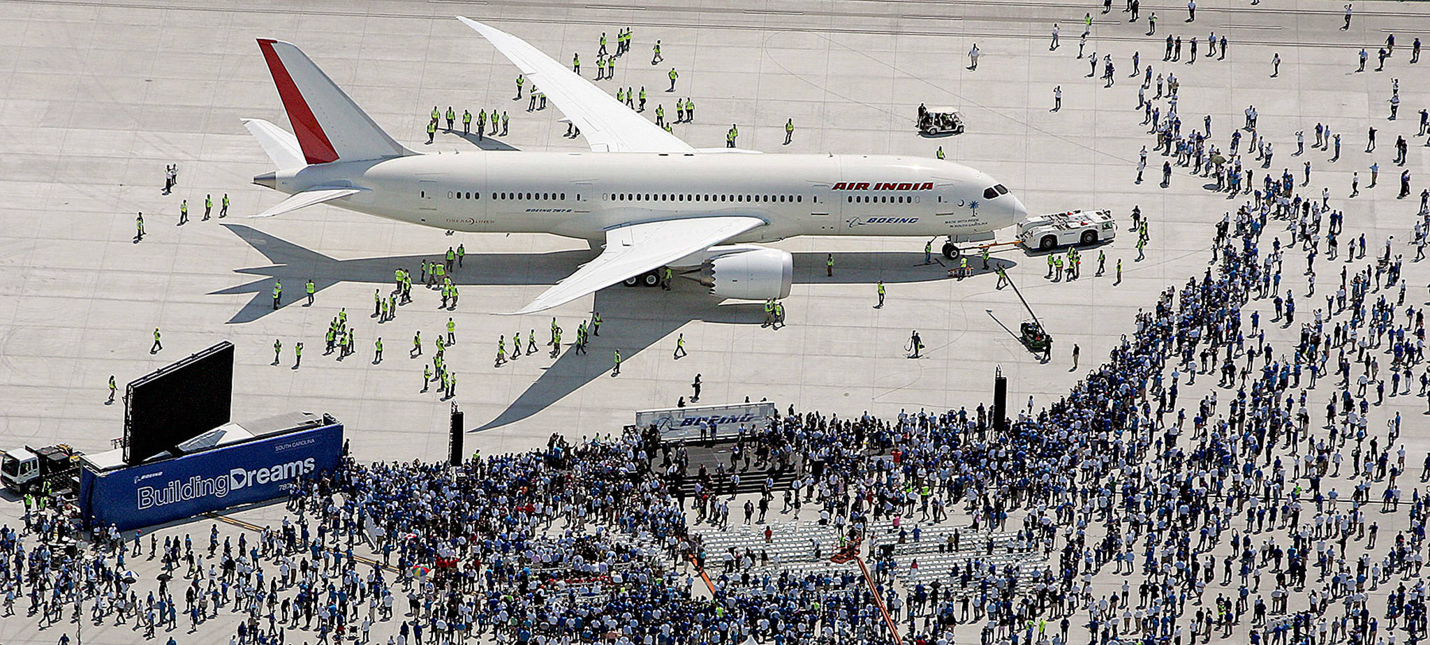 Boeing rolls out the first 787 assembled in South Carolina on April 27, 2012, in North Charleston. (Leroy Burnell / The Post and Courier)