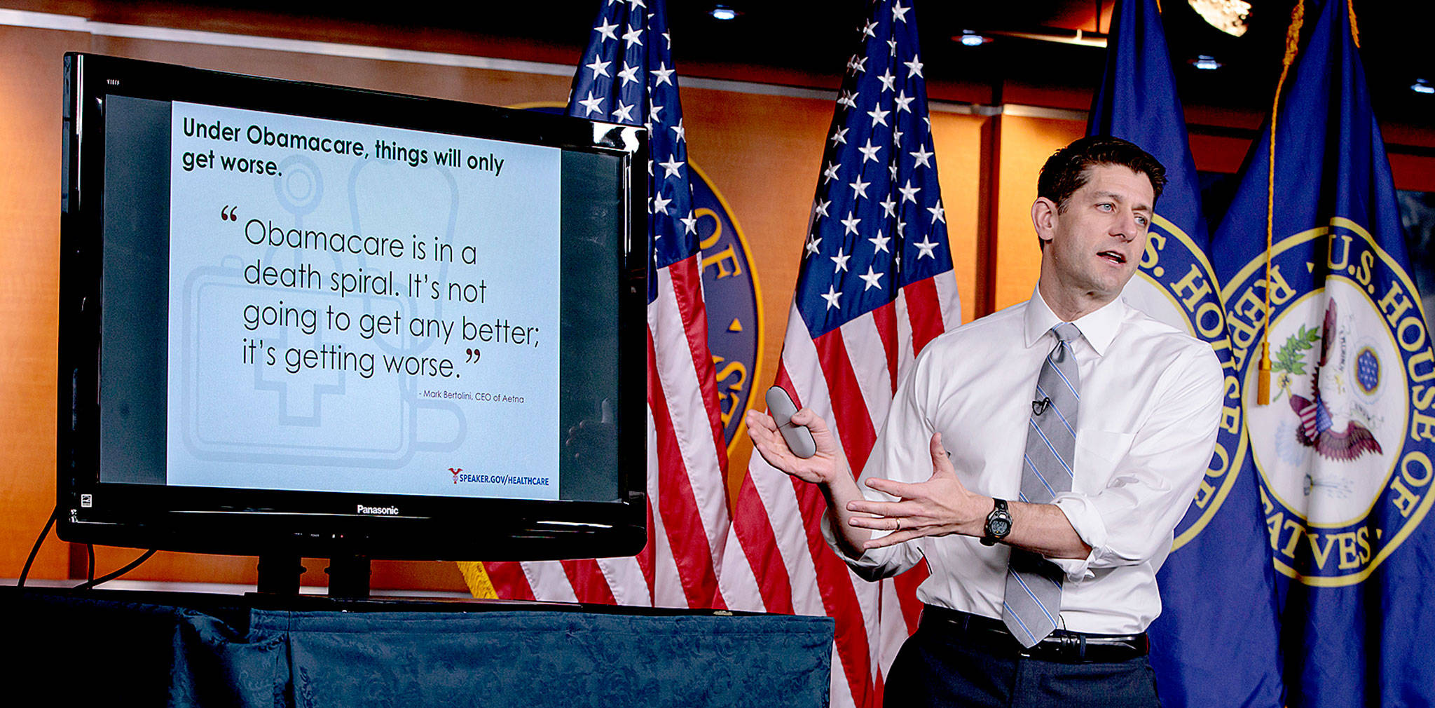 House Speaker Paul Ryan of Wisconsin uses charts and graphs last week to make his case for the GOP’s long-awaited plan to repeal and replace the Affordable Care Act during a news conference on Capitol Hill in Washington. (AP Photo/J. Scott Applewhite, File)