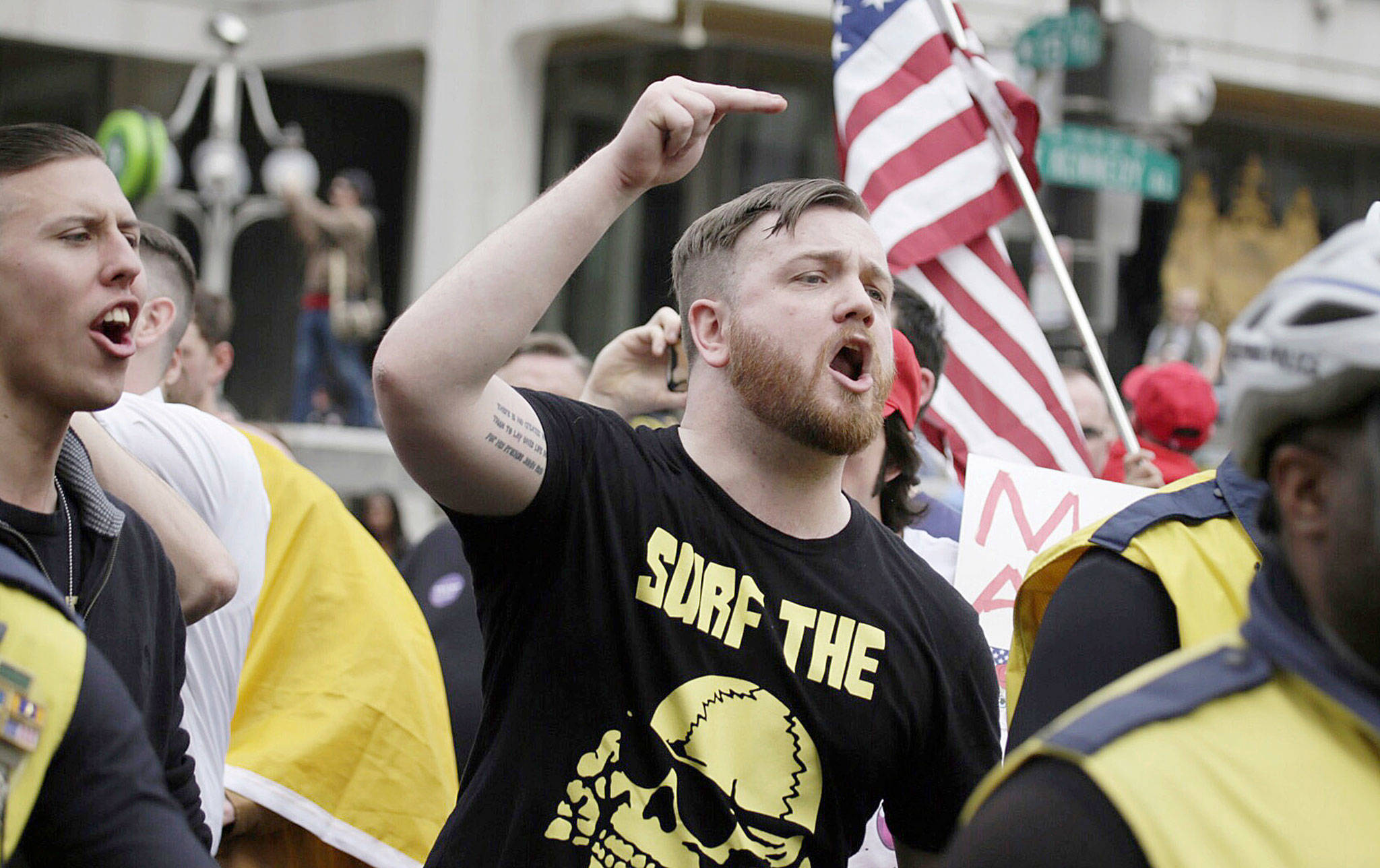 Supporters of President Donald Trump yell at anti-Trump counter demonstrators during a “Make America Great Again” march and rally in support of Trump near Independence Mall in Philadelphia on Saturday. (Elizabeth Robertson/The Philadelphia Inquirer)