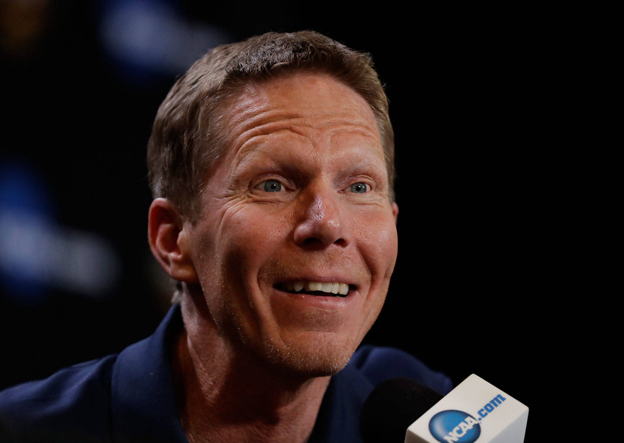 Gonzaga men’s basketball coach Mark Few listens to a question Thursday after a practice session for the NCAA Final Four in Glendale, Arizona. (AP Photo/David J. Phillip)