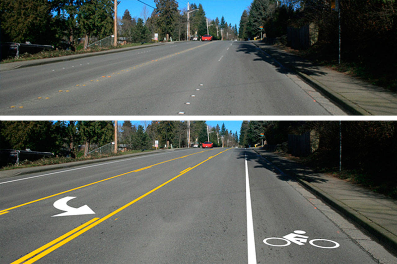 Edmonds will reconfigure 76th Avenue W as part of a project to improve the intersection with 212th Street SW. The top image shows the current road. The bottom image shows the plan for new striping. Four lanes will be reduced to three, with the addition of a center turn lane and bike lanes. (City of Edmonds photo and graphic)