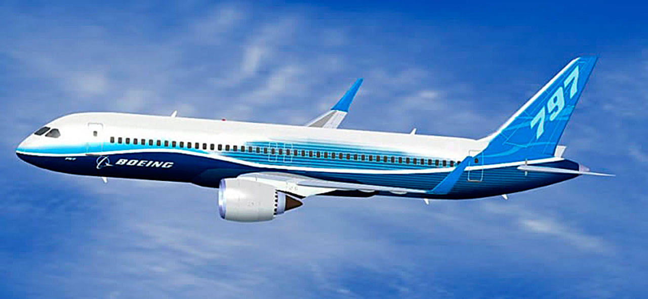 An artist’s conception of a proposed Boeing 797 airliner.