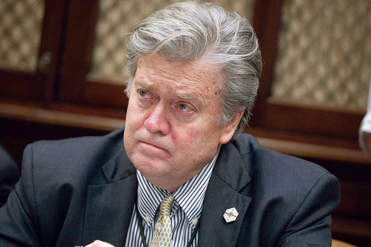 White House chief strategist Steve Bannon is seen in the Roosevelt Room of the White House in February. (AP Photo/Evan Vucci)