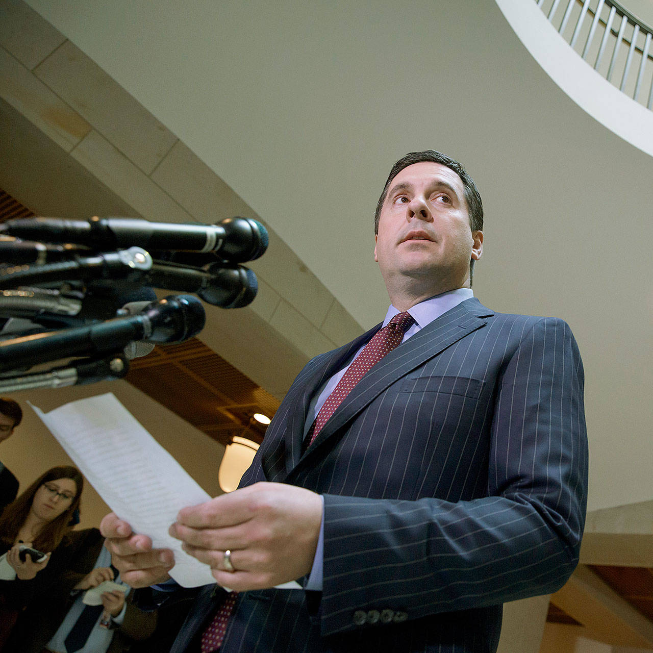 House Intelligence Committee Chairman Rep. Devin Nunes, R-Calif., gives reporterson Capitol Hill in Washington an update on Wednesday about the ongoing Russia investigation. (AP Photo/J. Scott Applewhite)