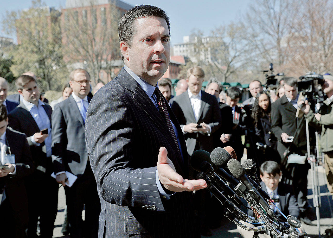 House Intelligence Committee Chairman Rep. Devin Nunes, R-Calif., speaks with reporters outside the White House in Washington last week following a meeting with President Donald Trump. (AP Photo/Pablo Martinez Monsivais, File)