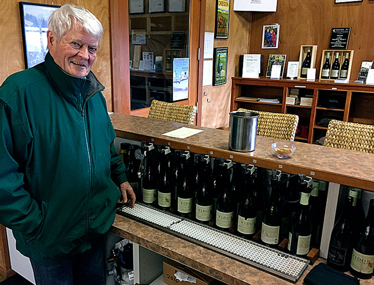 Don Hagge grew up in North Dakota, flew for the Navy in the Korean War and became a physicist for NASA. He retired in 1999 at the age 65 and began planting his vineyard near Newberg, Ore. Earlier this year, an estate Pinot Noir he made under his Vidon Vineyard brand earned a gold medal at the San Francisco Chronicle. (Photo by Eric Degerman/Great Northwest Wine)