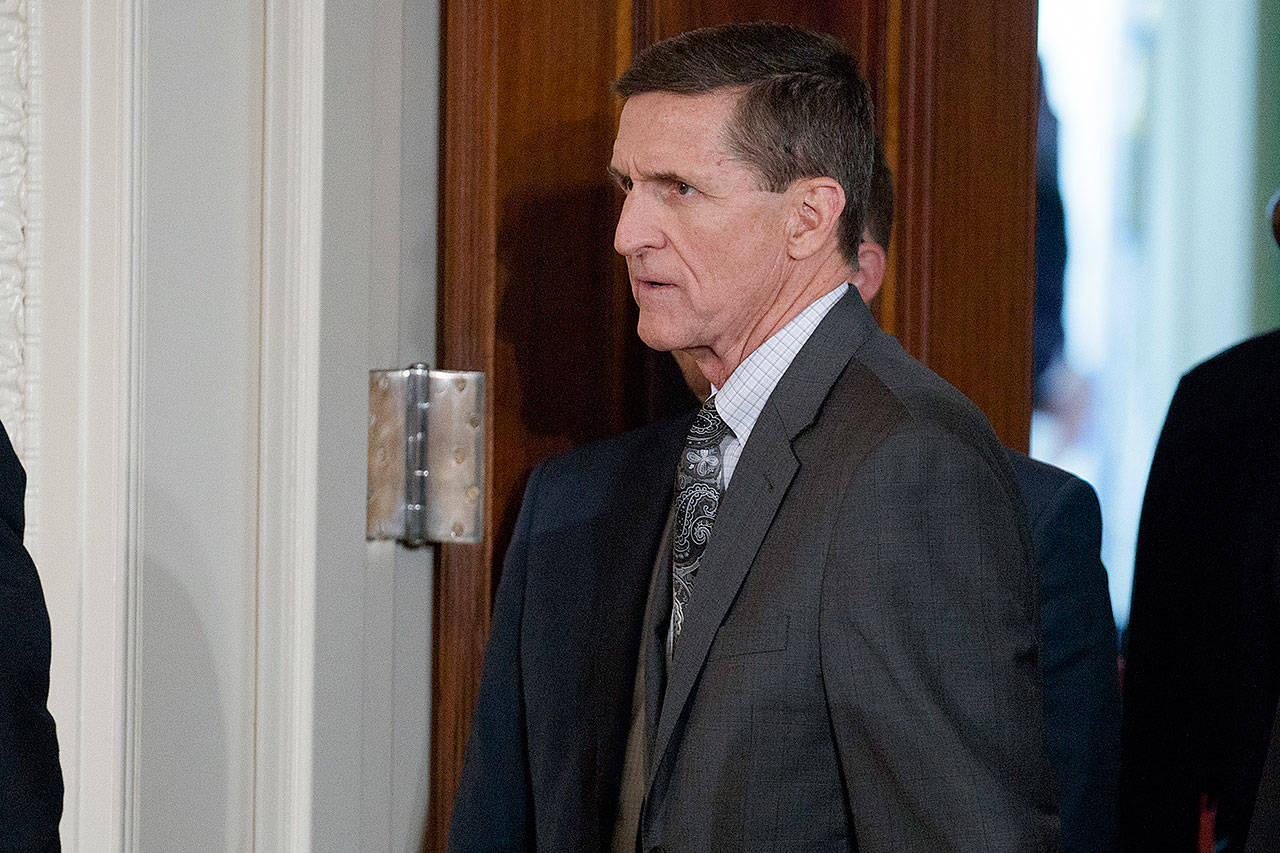 Former national security adviser Mike Flynn arrives for a news conference in the East Room of the White House on Feb. 13. (AP Photo/Evan Vucci)