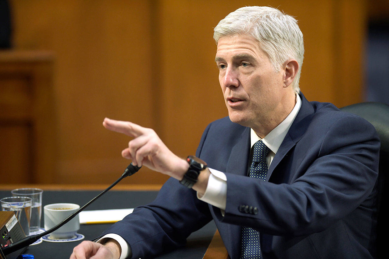 In this March 22 photo, Supreme Court Justice nominee Neil Gorsuch testifies on Capitol Hill in Washington before the Senate Judiciary Committee. (AP Photo/Susan Walsh, File)