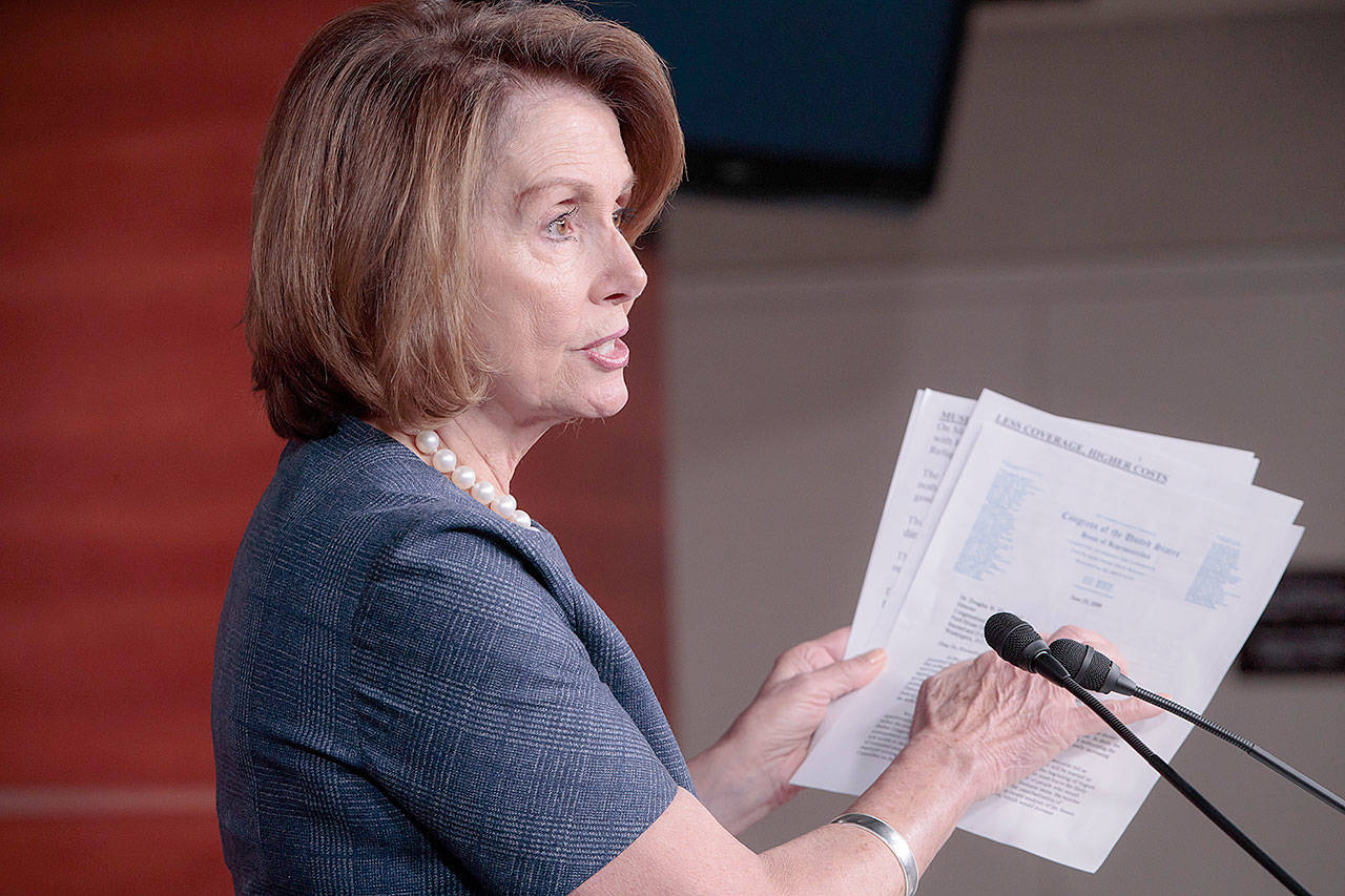 House Minority Leader Nancy Pelosi speaks to reporters about Republican efforts to craft an “Obamacare” replacement bill Thursday in Washington. (AP Photo/Scott Applewhite)