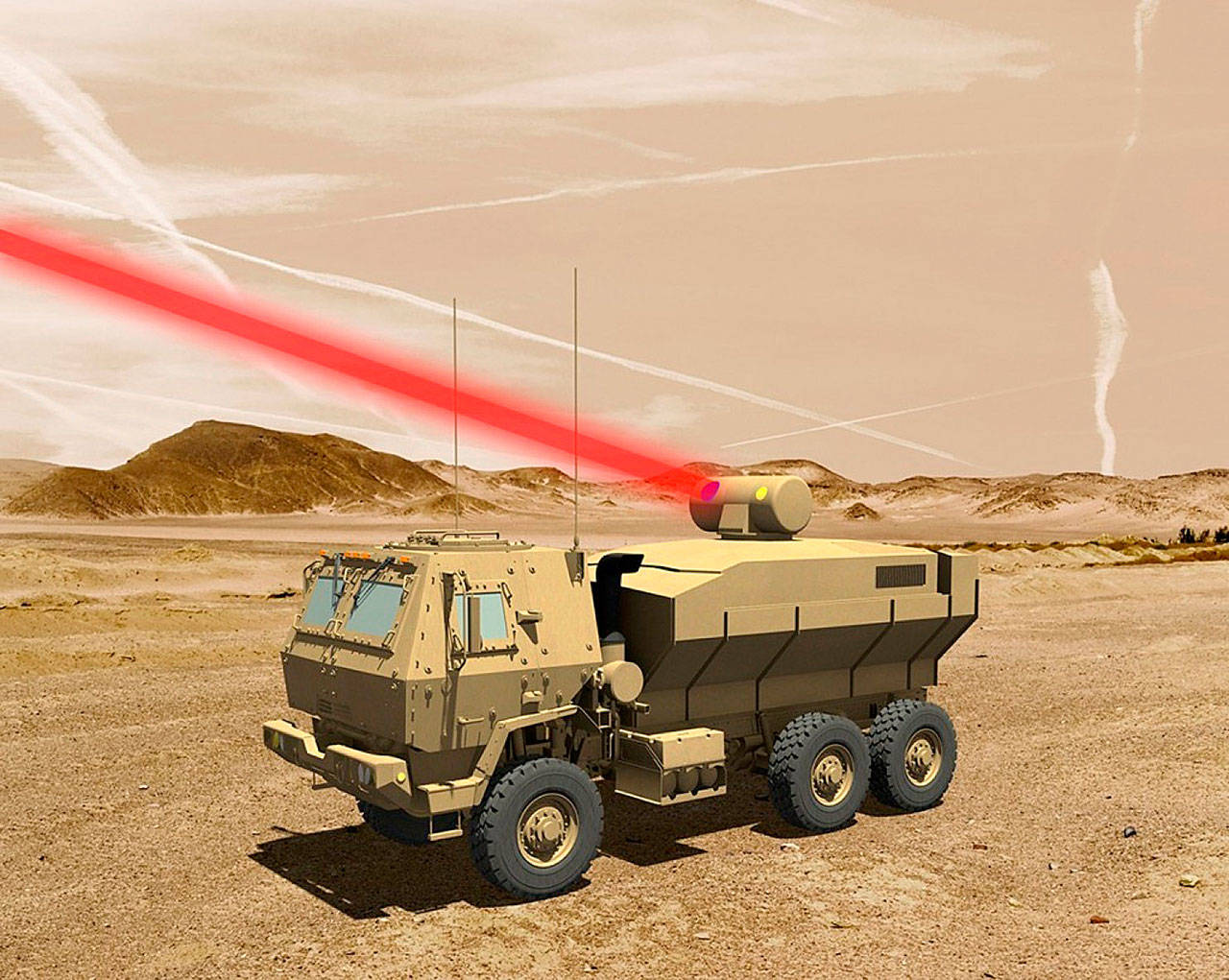 An artist’s rendering shows what the Lockheed Martin’s 60-killowatt laser might look like when deployed by the Army. A spokesman said the beam would not actually be red and would not be visible when deployed. (Lockheed Martin)