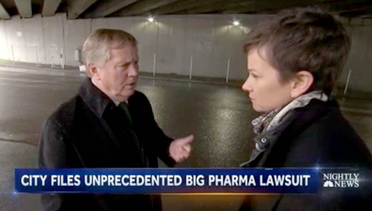 Everett Mayor Ray Stephanson is interviewed for an NBC report on the city’s lawsuit against Purdue Pharma. (NBC)