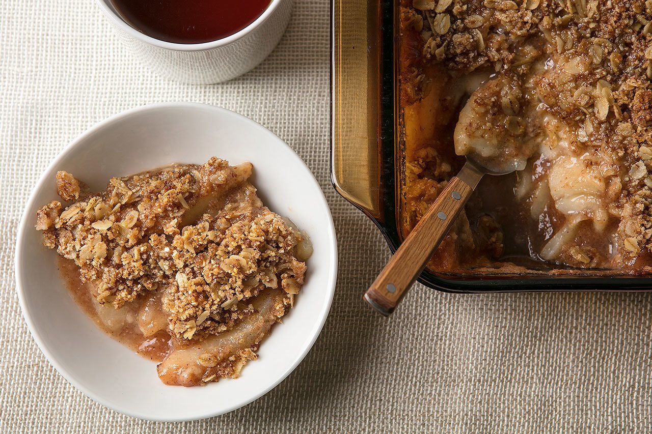 This pear crumble isn’t loaded with sugar. (Photo by Goran Kosanovic for The Washington Post)