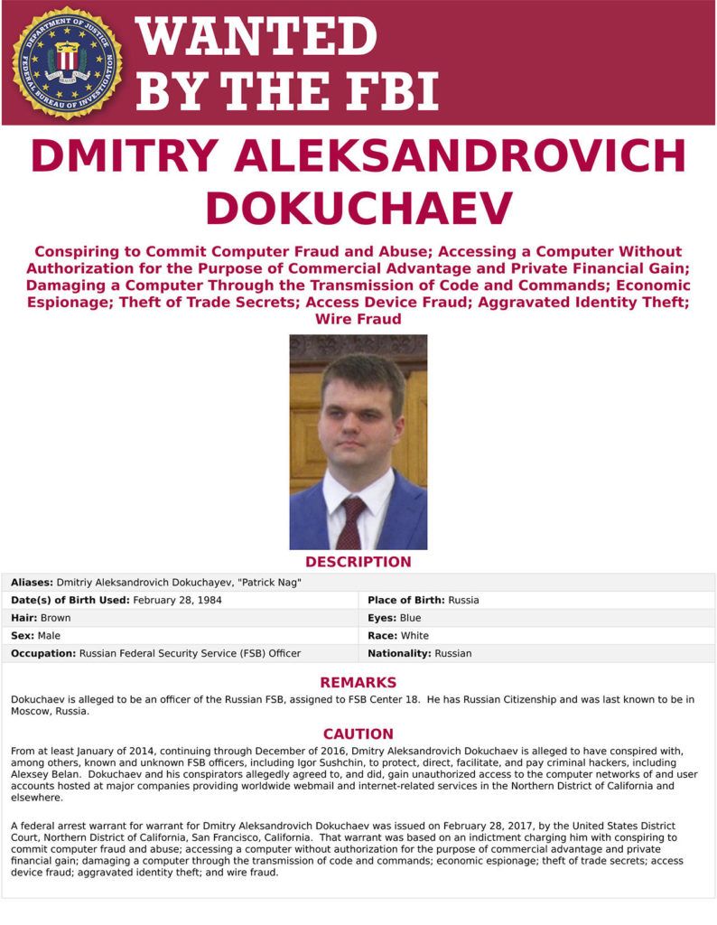 This wanted poster shows Dmitry Aleksandrovich Dokuchaev, 33, a Russian national and resident. (FBI via AP)

