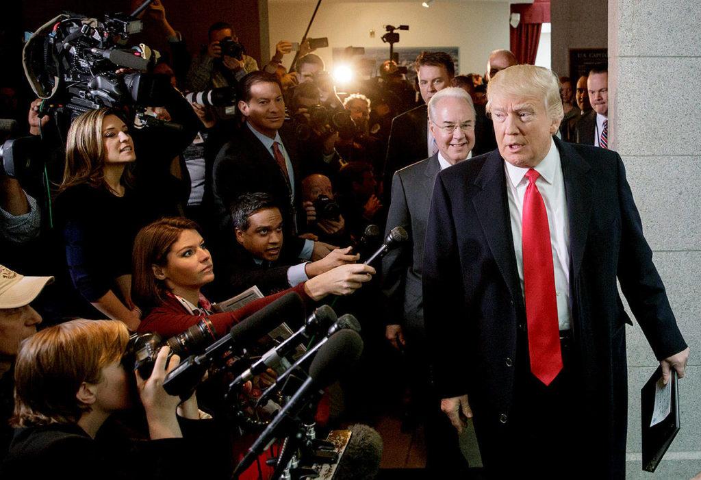 President Donald Trump and Health and Human Services Secretary Tom Price on Capitol Hill in Washington on Tuesday. (AP Photo/J. Scott Applewhite)
