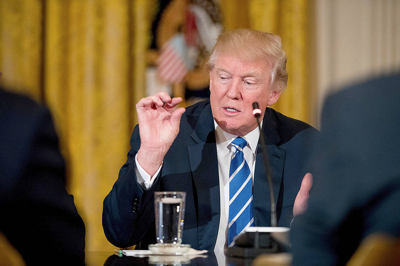 President Donald Trump speaks in the White House on Tuesday during a meeting with the Republican House whip team about the proposed health bill. (AP Photo/Andrew Harnik)