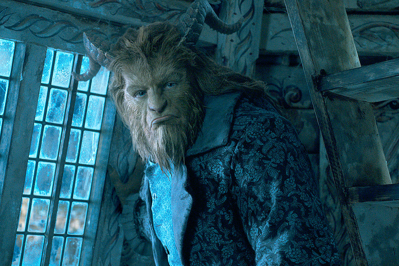Dan Stevens as The Beast in a live-action adaptation of the animated classic “Beauty and the Beast.” (Disney via AP)