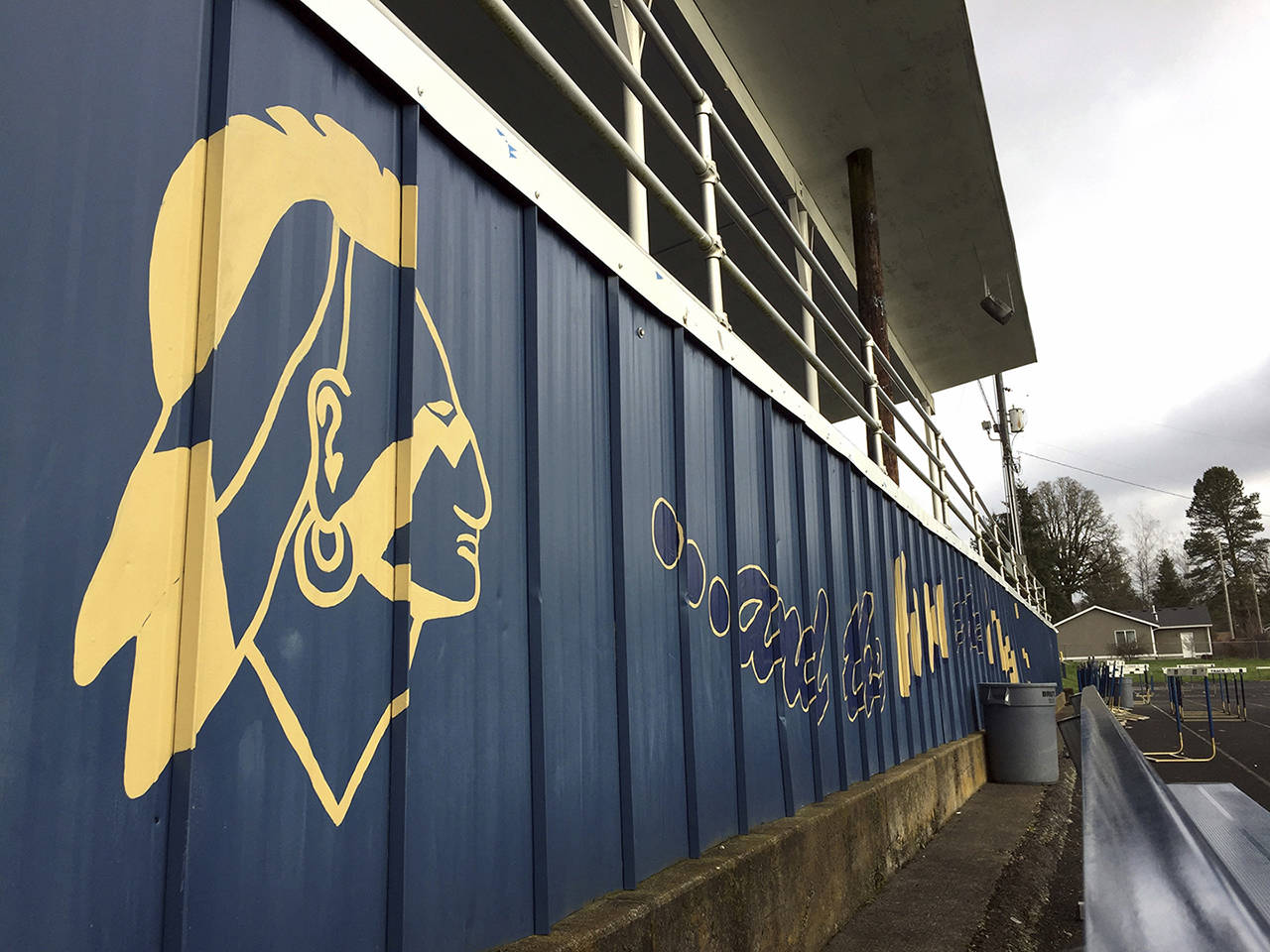 The Banks High School mascot is visible on the side of the football stands at the school in Banks, Oregon, on Thursday, March 23. (AP Photo/Gillian Flaccus)