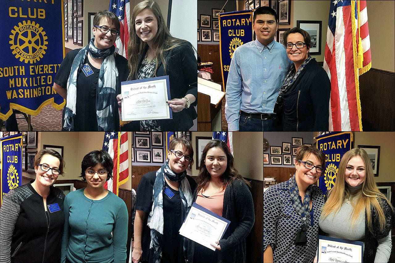 South-Everett Mukilteo Rotary Club President Cassie Franklin presented Student of the Month honors to February winners (top row from left) Karli DuBois, Aurelio Valdez-Barajas, (bottom row) Aware Deshmukh, Mariana Cardona, and Kasey Adams. (Contributed photos)
