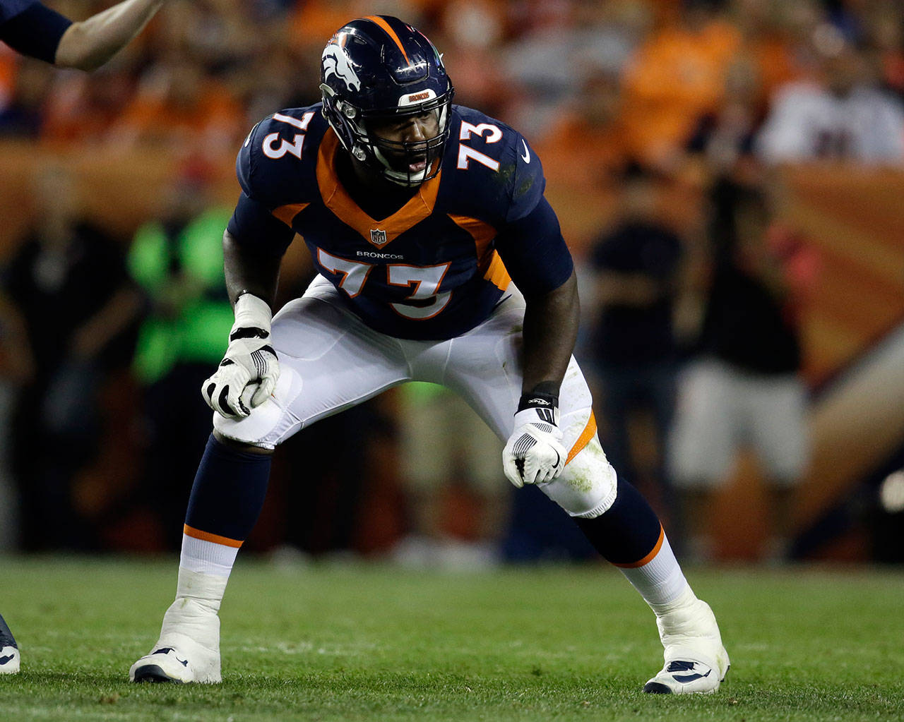 Broncos offensive tackle Russell Okung, a former Seahawk, is expected to discuss a return to Seattle when free agency opens on Thursday. (AP Photo/Jack Dempsey)