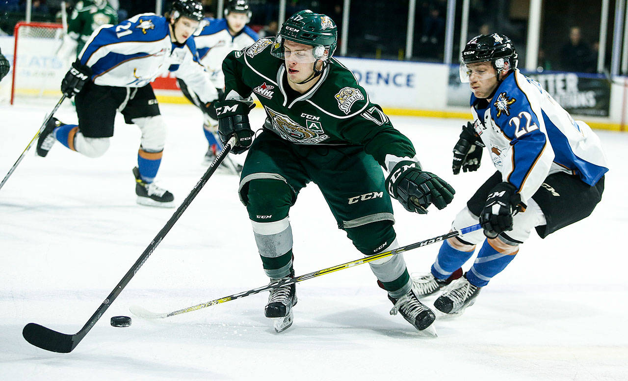 ISilvertips left wing Matt Fonteyne (17) protects the puck from Kootenay’s Zak Zborosky (22) during a game Nov. 30, 2016, at Xfinity Arena in Everett. (Ian Terry / The Herald)