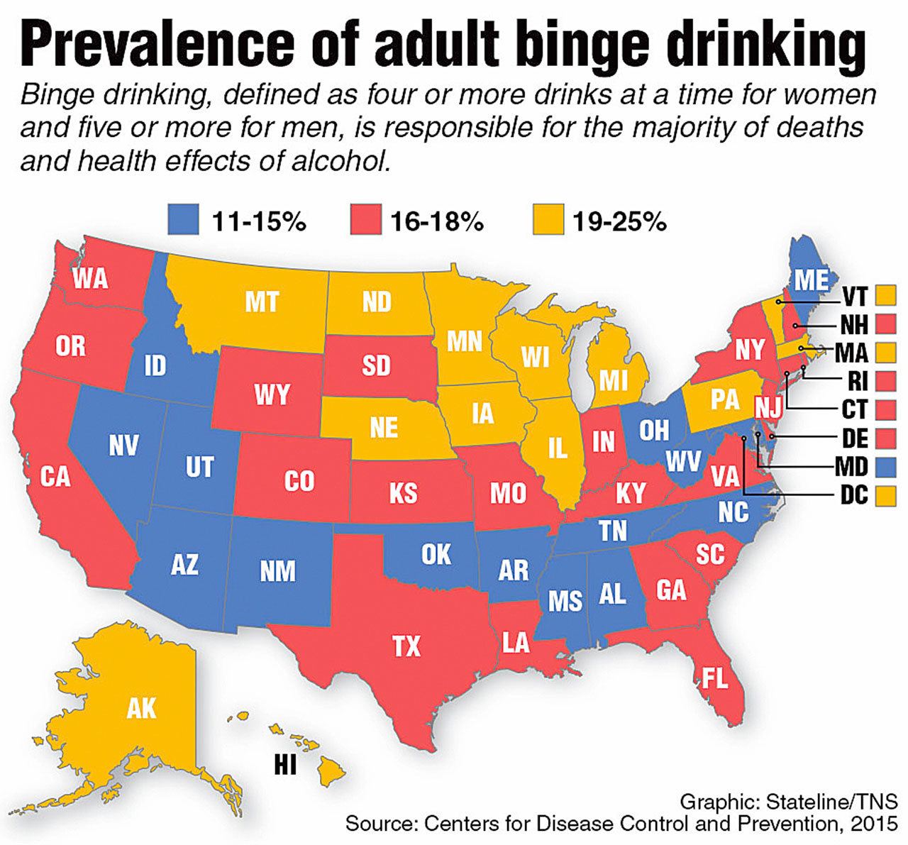This map shows the prevalence of binge drinking. (Stateline/2016)