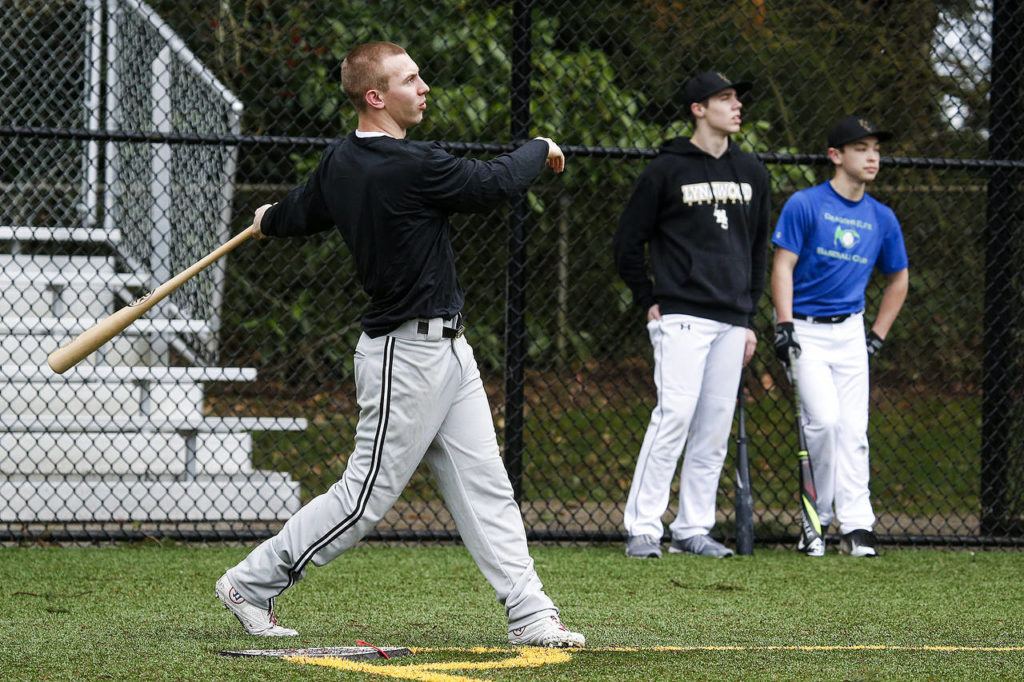 Lynnwood’s Kyler McMahan takes batting practice at Scriber Lake High School on March 14, 2017. (Ian Terry / The Herald)
