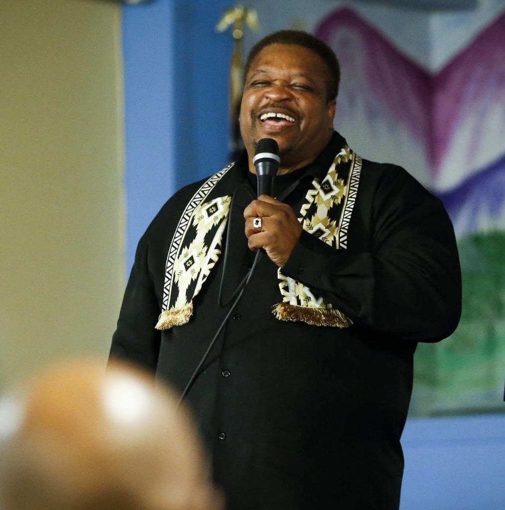 Gregory Jackson, the music minister at Second Baptist, speaks during the celebration. (Ian Terry / The Herald)
