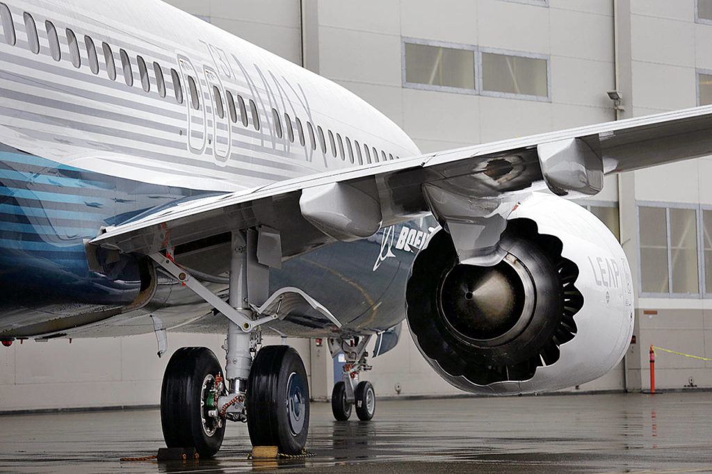 The first of the large Boeing 737 MAX 9 models sits outside its production plant, Tuesday, March 7, in Renton. The MAX uses new LEAP engines, carrying a fan diameter of more than 69 inches, dwarfing the older CFM-56 engine on current 737 models, with its 61-inch fan. (AP Photo/Elaine Thompson)
