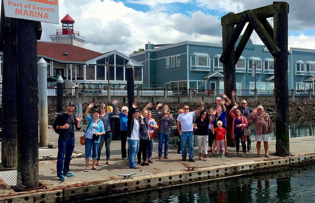 Family and friends of Andy Stephens waved goodbye July 12 at the Everett Marina as the young Coast Guard veteran set out on his round-the-world sailboat voyage. Stephens is home in Everett this month as his boat transmission undergoes repairs. (Courtesy of Andy Stephens)
