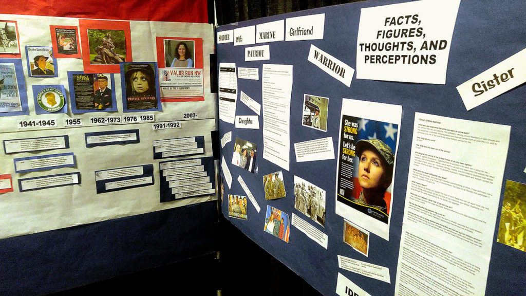 A women veterans display was part of the “Tunnel of Intersections” exhibit on view at Edmonds Community College Wednesday and Thursday. The exhibit was aimed at highlighting the experiences and challenges of diverse groups. (Courtesy Edmonds Community College)
