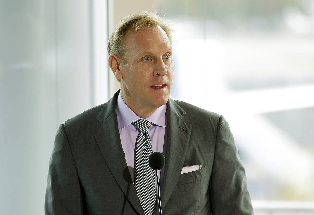In this 2015 photo, Pat Shanahan, senior vice president of Airplane Programs for Boeing Commercial Airplanes, speaks at Boeing Field in Seattle. (AP Photo/Ted S. Warren, File)