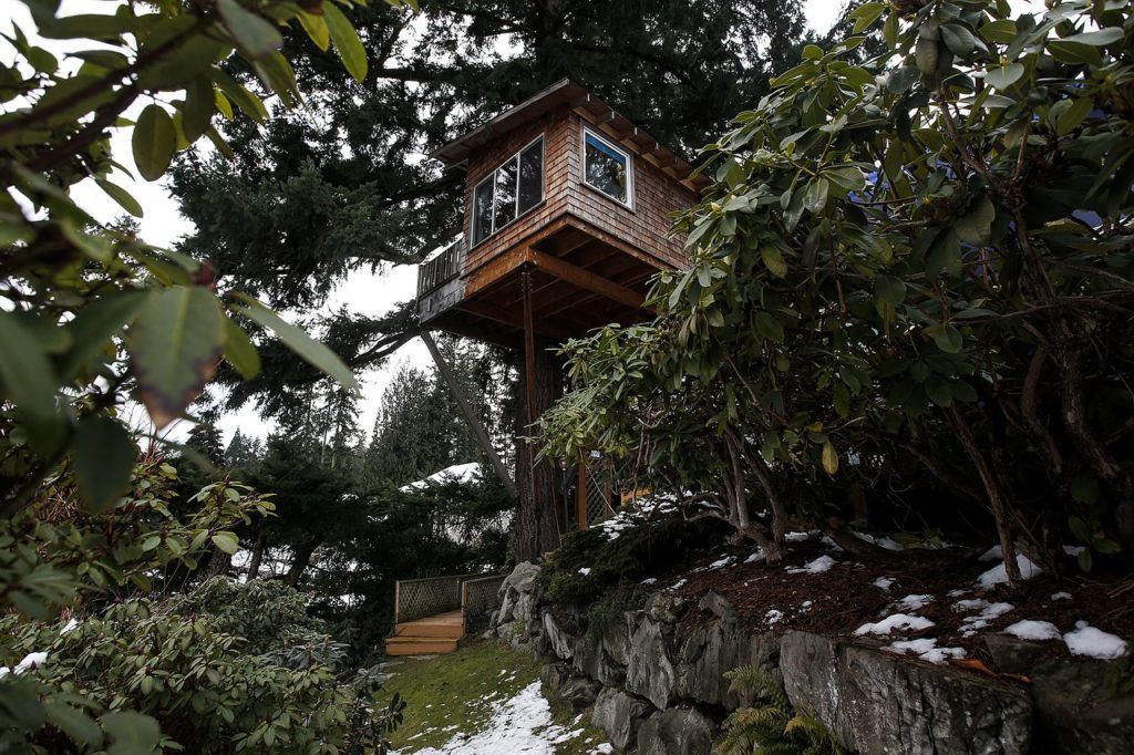 John and Beth Shephard’s tree house they call “The Nest” is off the roof of their home near Woodinville. (Ian Terry / The Herald)
