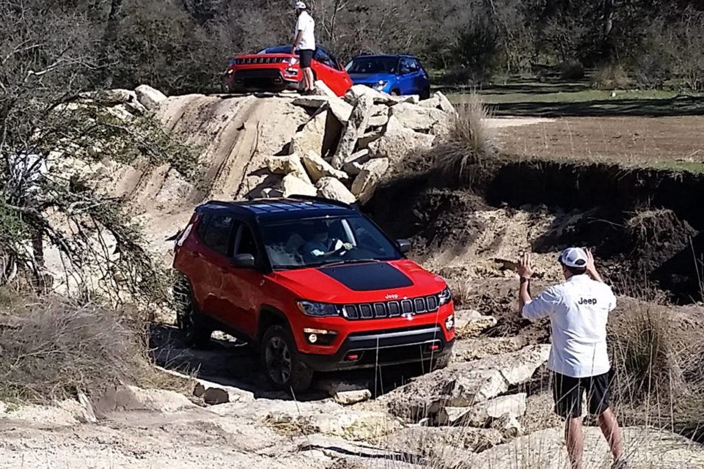 Instructors from Jeep guide Compass Trailhawk drivers at an off-road course near San Antonio, Texas. Jeep touts the 2017 Compass as the most capable compact SUV ever manufactured. (Mary Lowry photo)
