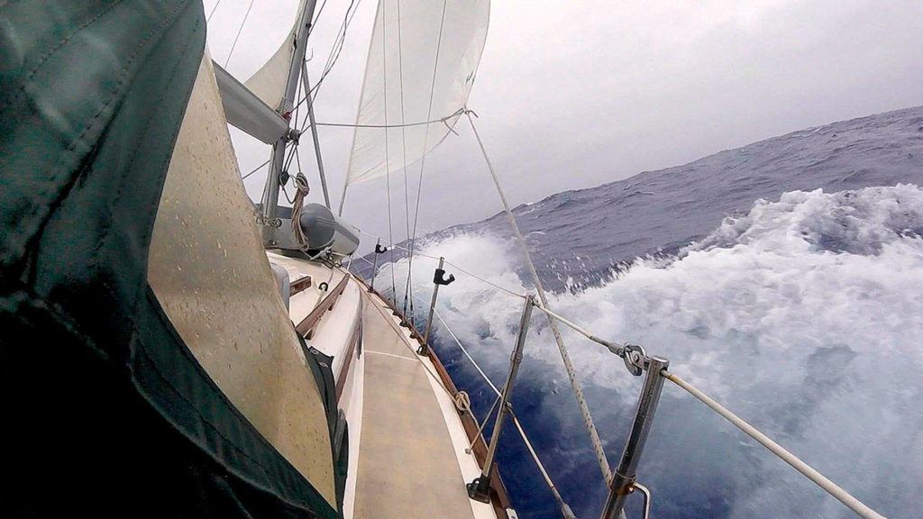 Andy Stephens’ 30-foot Cape Dory sailboat plied through rough Pacific Ocean waters in early November. This photo was taken about 500 miles east of the Marshall Islands. (Courtesy of Andy Stephens)
