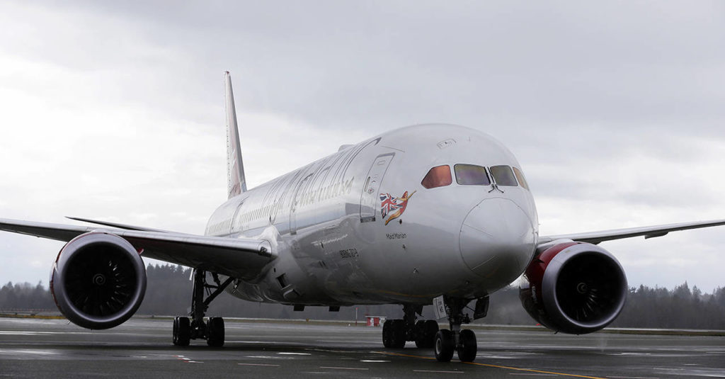 A Virgin Atlantic Boeing 787-9 passenger airplane arrives following a flight from London to Seattle on Monday, March 27, at Sea-Tac Airport. (AP Photo/Ted S. Warren)
