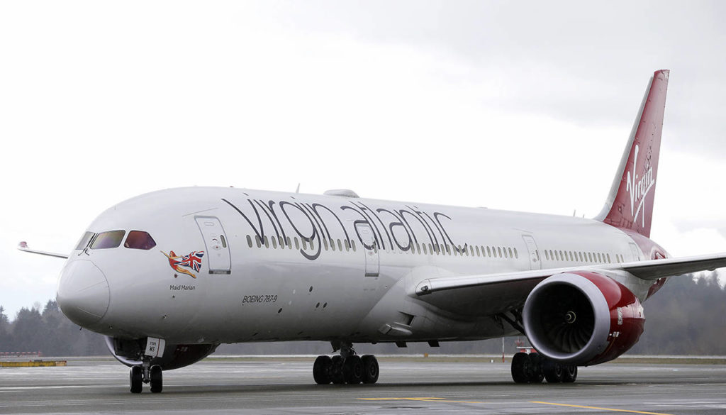 A Virgin Atlantic Boeing 787-9 passenger airplane arrives following a flight from London to Seattle on Monday, March 27, at Seattle-Tacoma International Airport in Seattle. (AP Photo/Ted S. Warren)
