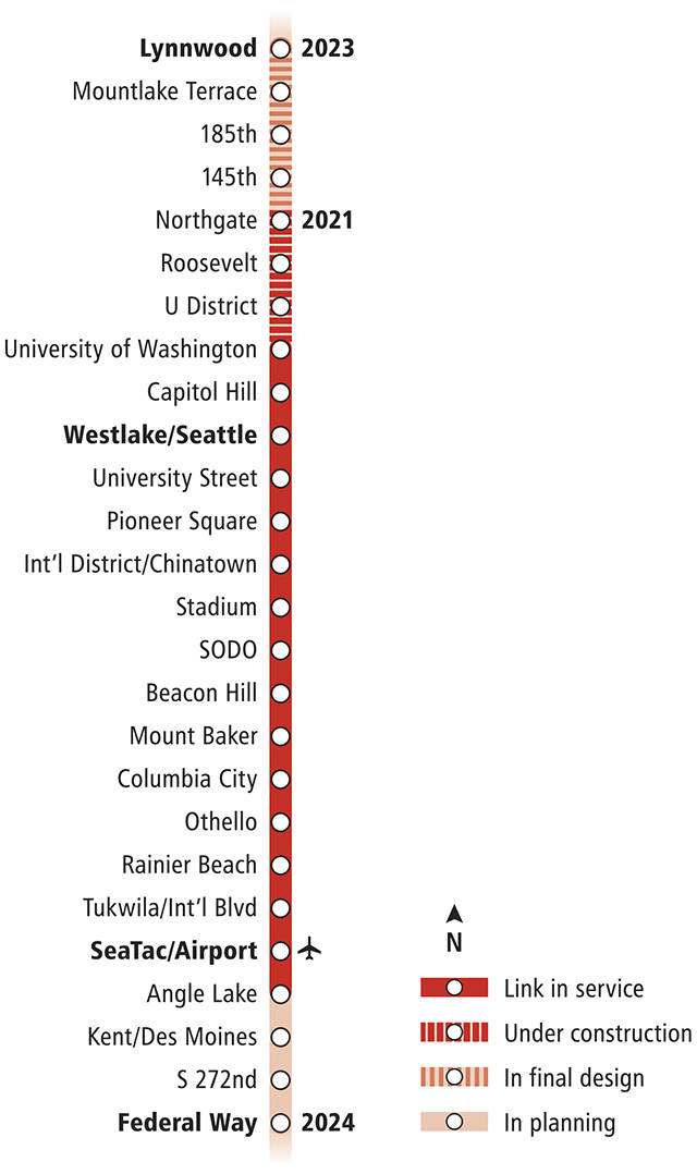 New light rail stops come to Mountlake Terrace and Lynnwood in 2023. How will they be known? (Sound Transit map)