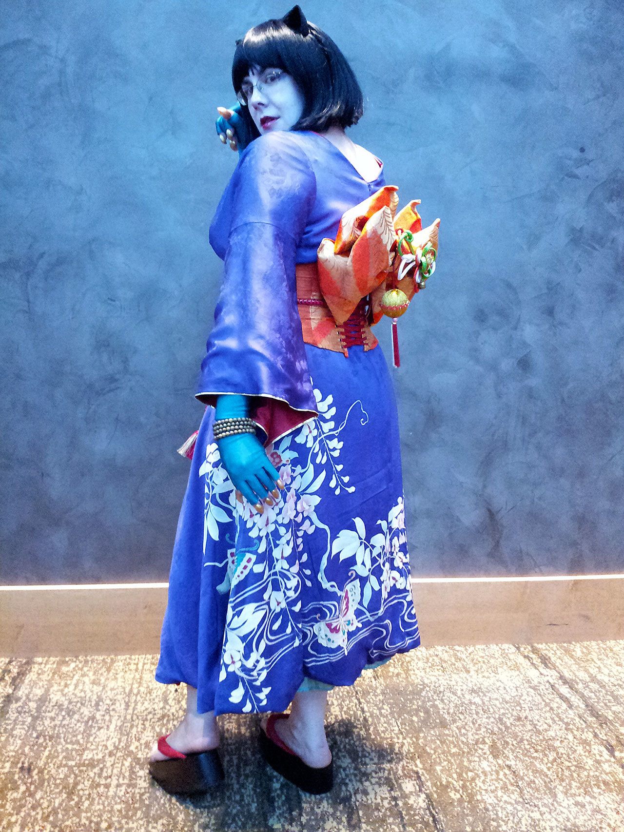 Heather Jean Uhl in a meijipunk ensemble fashioned from vintage textiles and inspired by the bakeneko, a transforming cat, of Japanese folklore. (Photo by Garrick Uhl)