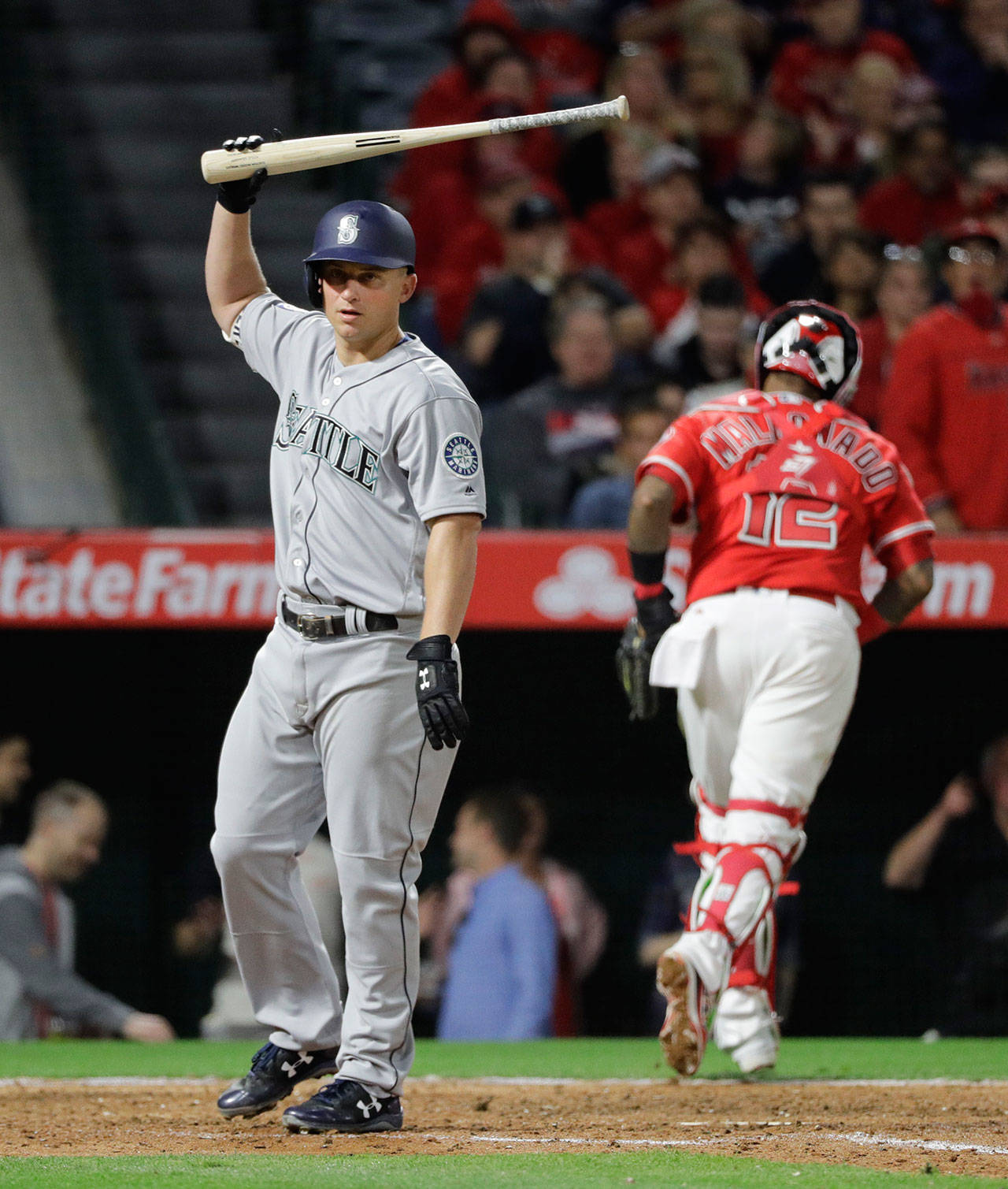 Seattle’s Kyle Seager reacts after striking out during the sixth inning of Friday’s game in Anaheim, Calif. (AP Photo/Jae C. Hong)