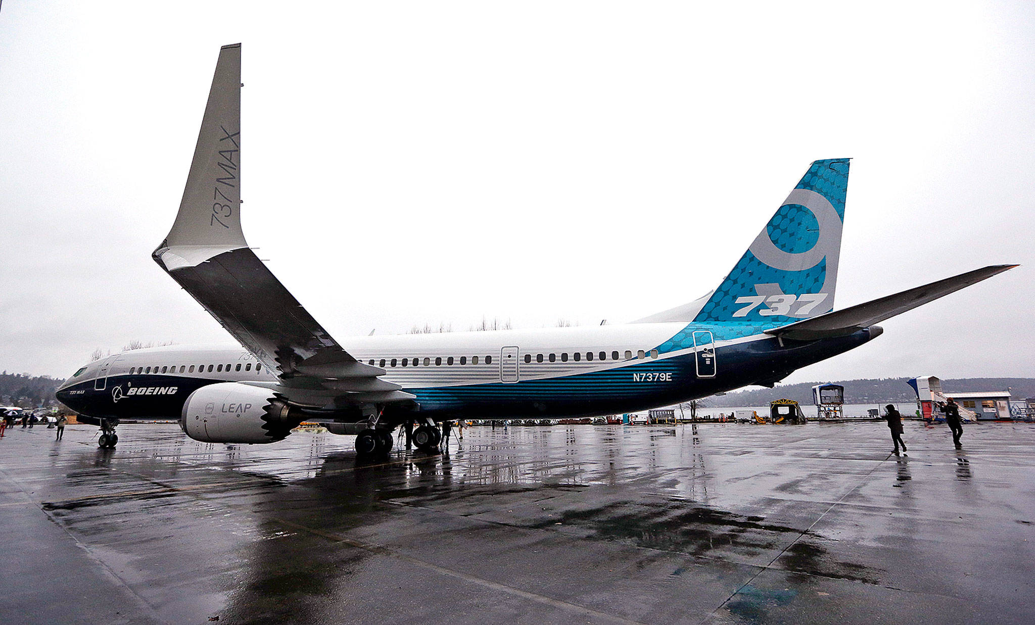 The first of the large Boeing 737 MAX 9 models, Boeing’s new commercial airplane, sits outside its production plant in Renton on March 7. (Elaine Thompson / Associated Press)