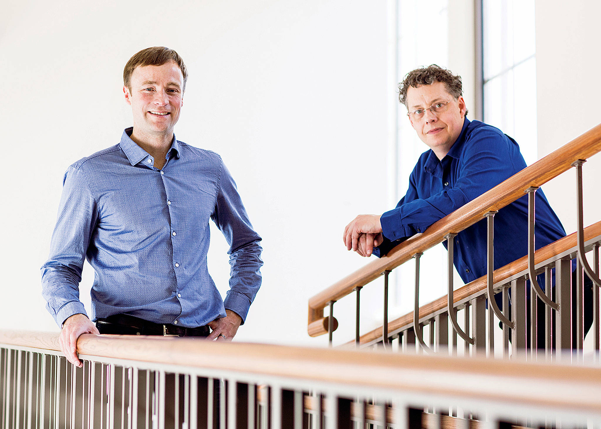 Jevin West (left), a professor at the Information School at the University of Washington, and biology professor Carl Bergstrom created the class “Calling Bullshit in the Age of Big Data.”​ ​The class has 160 spots and filled one minute after registration opened. (Quinn Russell Brown for The Herald)