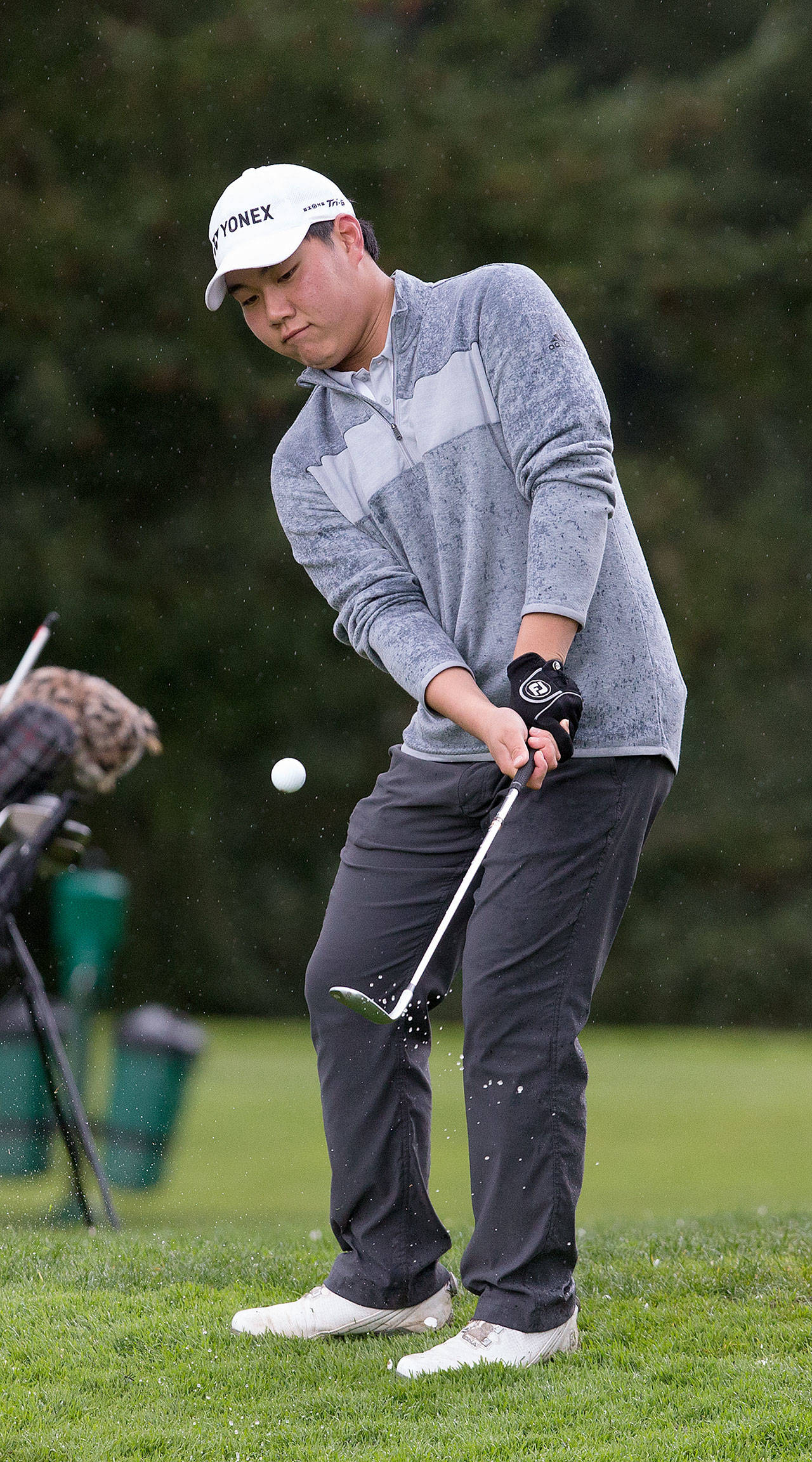 Kamiak&rsquo;s Alvin Kwak chips onto the green Monday during the Dolan Invitational at Everett Golf & Country Club. (Andy Bronson / The Herald)
