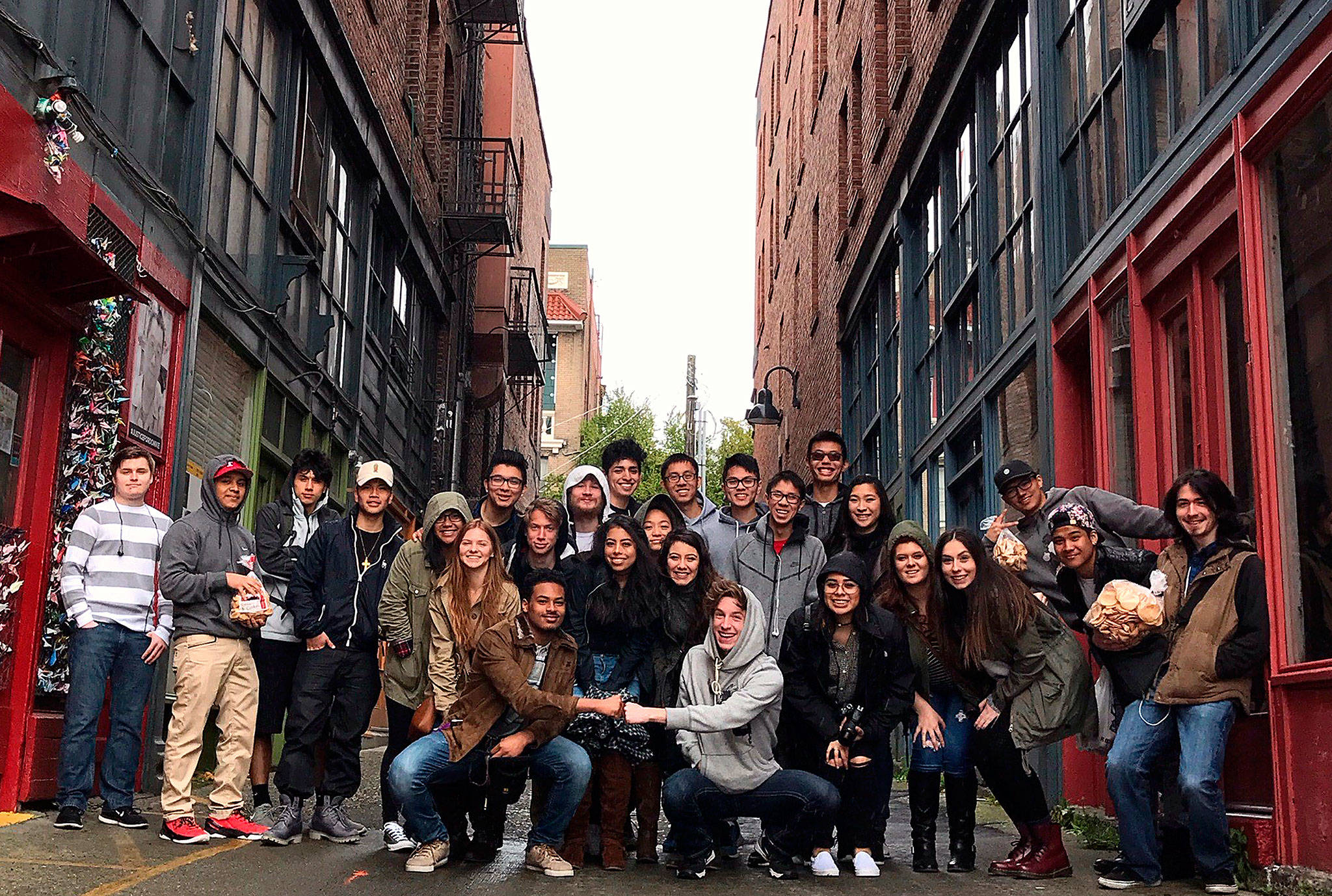 Cascade High School students from teacher Scott Loucks’ English class visited Canton Alley in Seattle’s International District recently after reading “Hotel on the Corner of Bitter and Sweet.” Jamie Ford’s novel is set in Seattle during World War II, when Japanese-Americans were sent to internment camps. (Everett School District photo)
