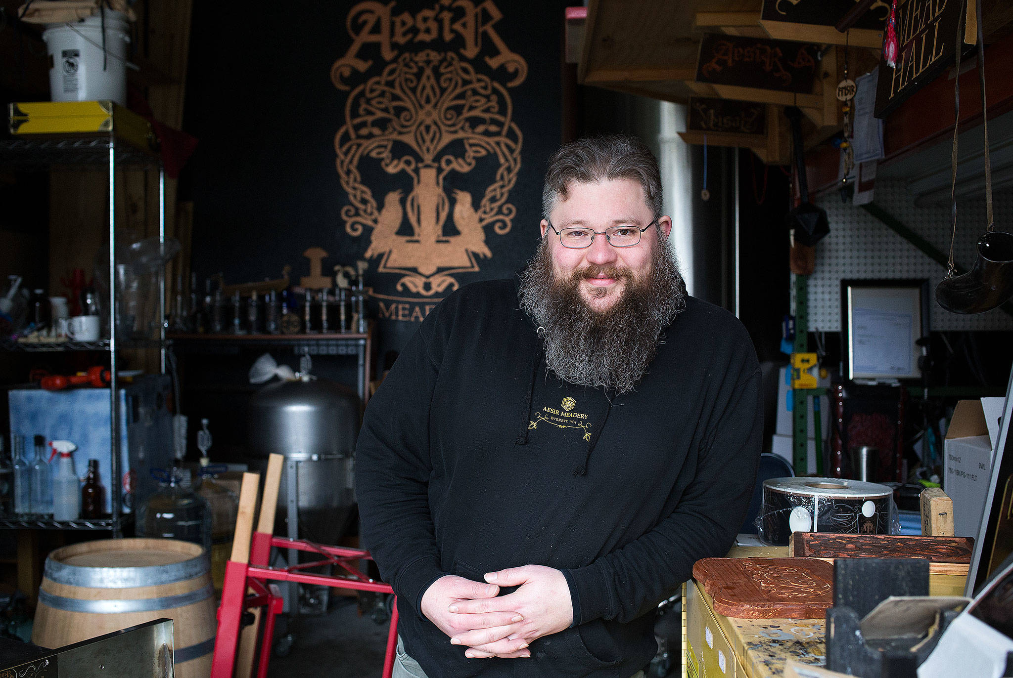 Erik Newquist, owner and brewer at Aesir Meadery, is making a name for himself in the mead brewing business in Everett. (Andy Bronson / The Herald)