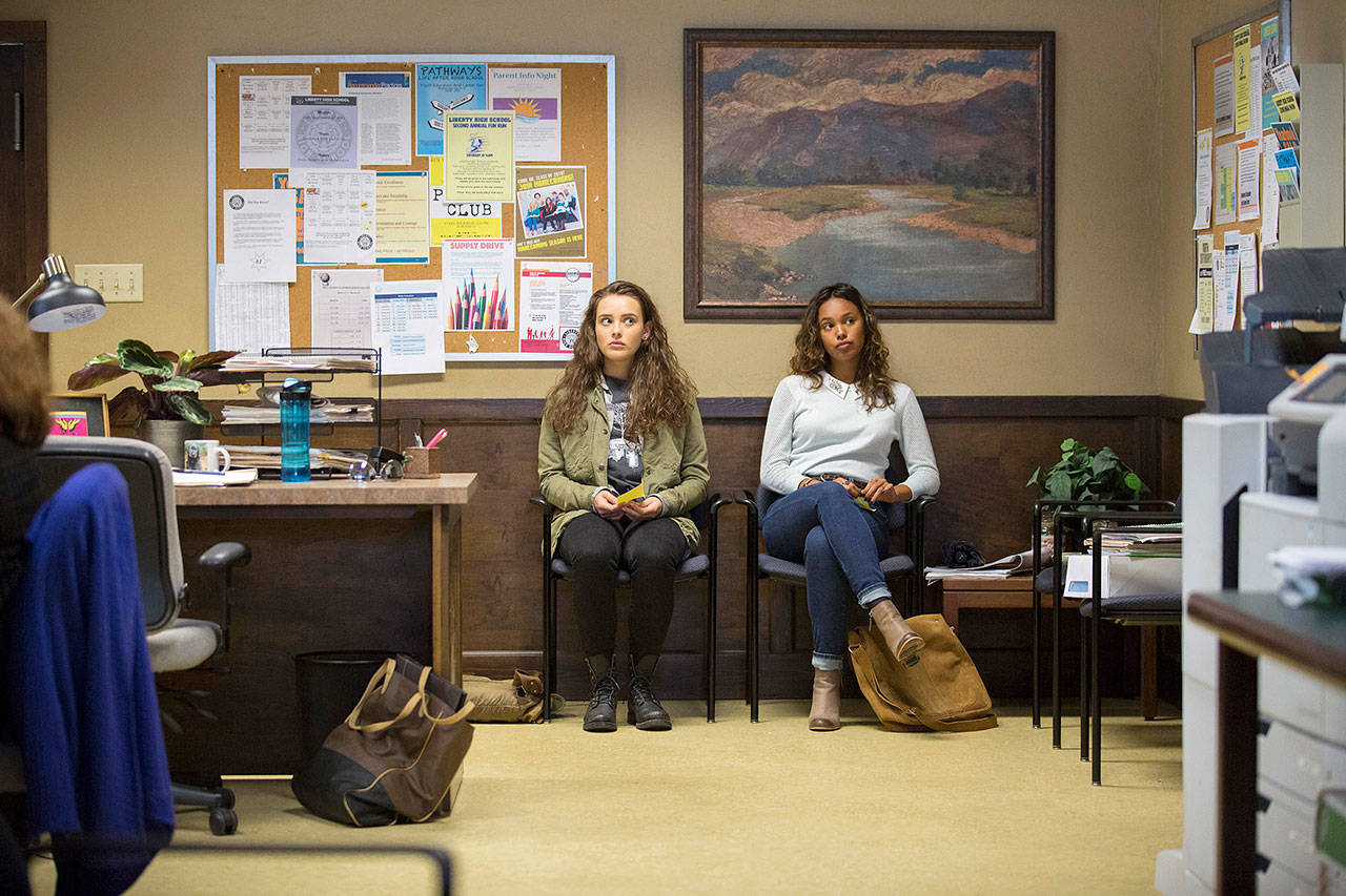 Katherine Langford (left) and Alisha Boe play frenemies in the Netflix series “13 Reasons Why.” (Beth Dubber / Netflix)