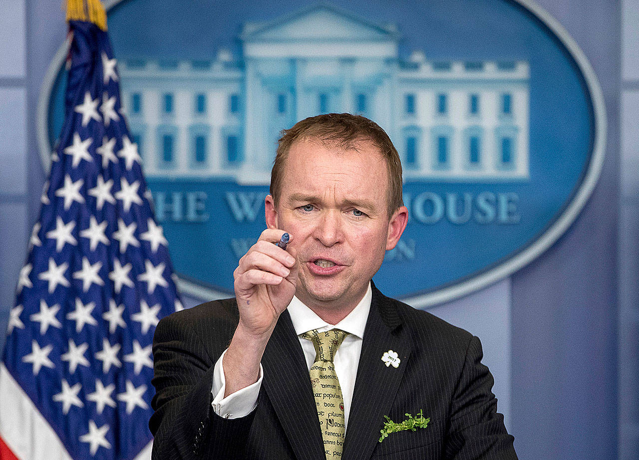 White House budget director Mick Mulvaney speaks at the White House on March 16. (AP Photo/Andrew Harnik)