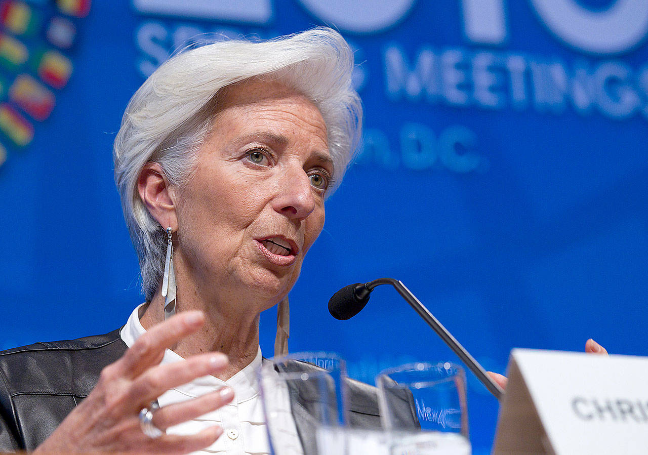 International Monetary Fund Managing Director Christine Lagarde speaks Saturday after a conference at the IMF headquarters in Washington. (AP Photo/Jose Luis Magana)