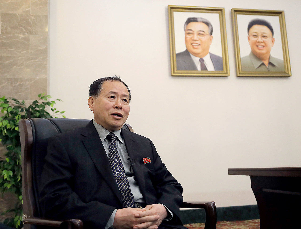 Han Song Ryol, North Korea’s vice minister of foreign affairs, during an interview with The Associated Press on Friday in Pyongyang. (AP Photo/Wong Maye-E)